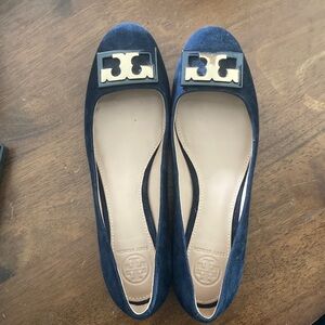 Tory Burch Navy Suede Flats with Gold Logo